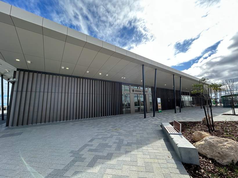Alkimos Station frontage with aluminium soffit and fascia cladding.