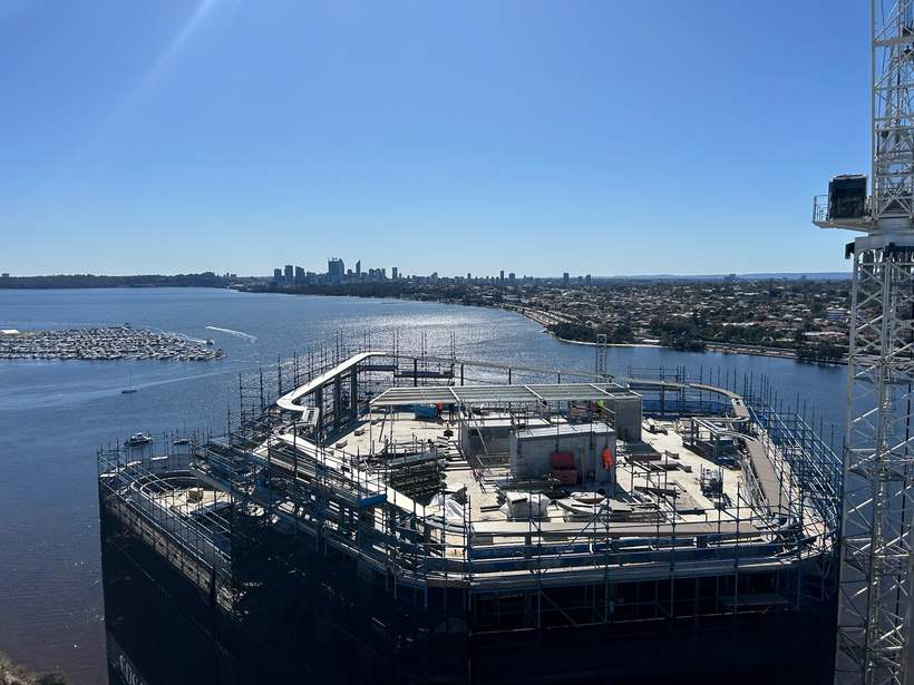 Rooftop works overlooking the Swan River and Perth city.
